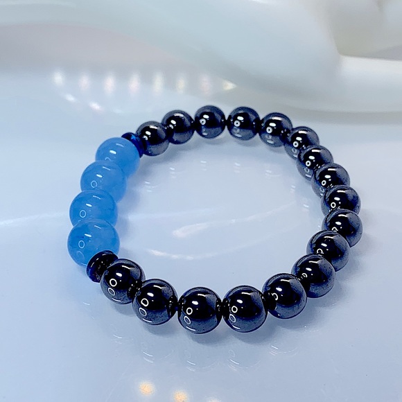 BLUE JADE + HEMATITE NATURAL BRACELET size 7.5” - Picture 4 of 6